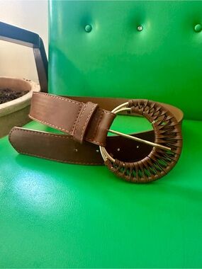 Zara Brown Leather Belt with Woven Round Buckle